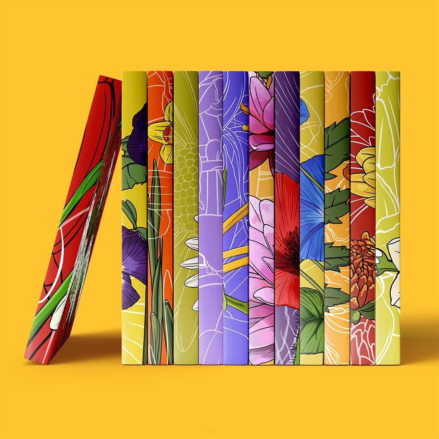 Collection of colorful floral hardcover journals