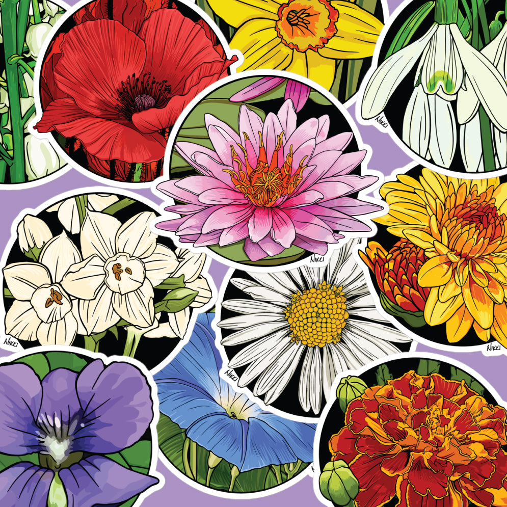 Birth Month Flower Circle Stickers