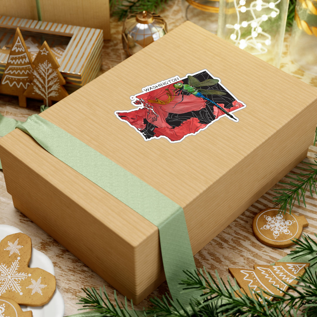 Washington State Flower + Insect Sticker — Rhododendron + Green Darner Dragonfly — Kiss-Cut Vinyl Decal