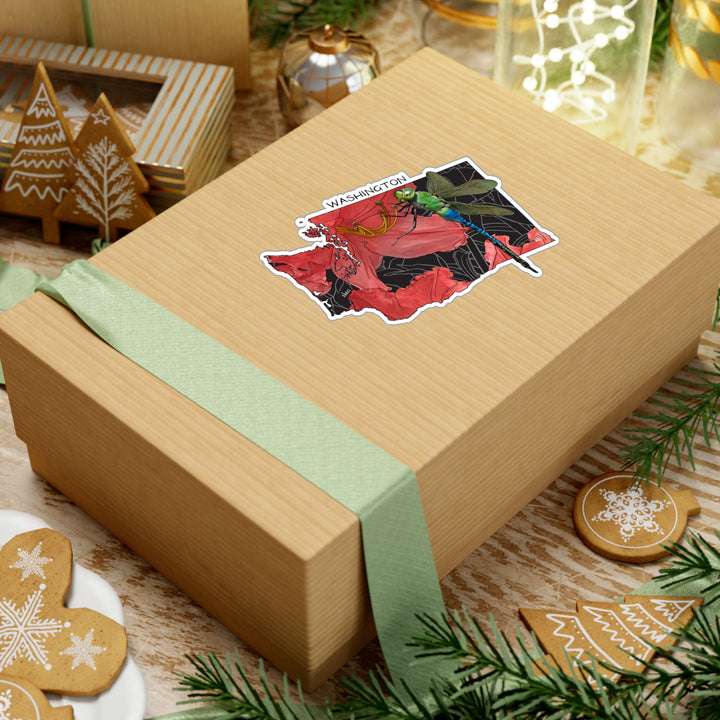 Washington State Flower + Insect Sticker — Rhododendron + Green Darner Dragonfly — Kiss-Cut Vinyl Decal