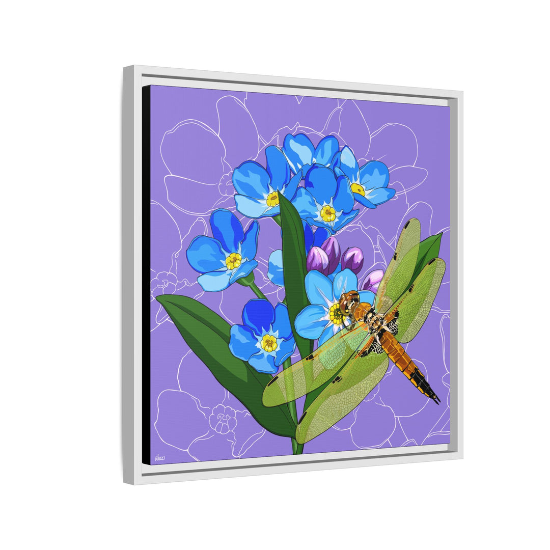 Alaska State Flower + Insect: Forget Me Not + Four-spot Skimmer Dragonfly — Framed Canvas Print Wall Art