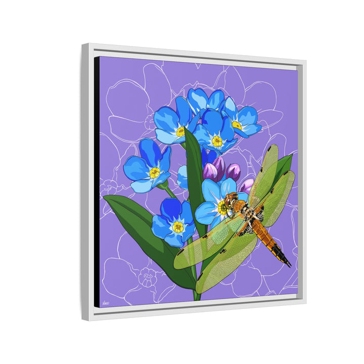 Alaska State Flower + Insect: Forget Me Not + Four-spot Skimmer Dragonfly — Framed Canvas Print Wall Art