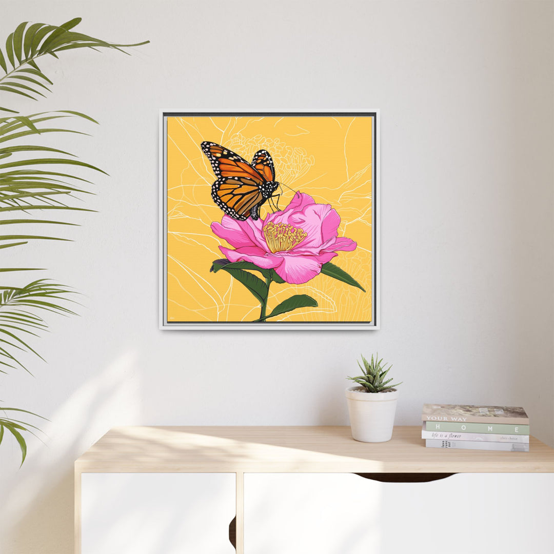 Alabama State Flower + Insect: Monarch Butterfly on Pink Camellia — Framed Canvas Print Wall Art