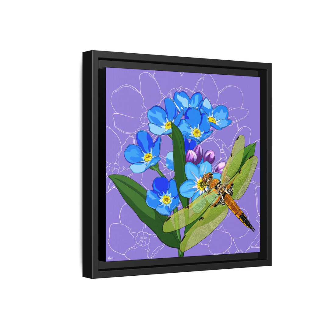 Alaska State Flower + Insect: Forget Me Not + Four-spot Skimmer Dragonfly — Framed Canvas Print Wall Art