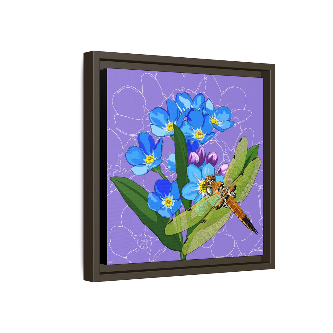 Alaska State Flower + Insect: Forget Me Not + Four-spot Skimmer Dragonfly — Framed Canvas Print Wall Art