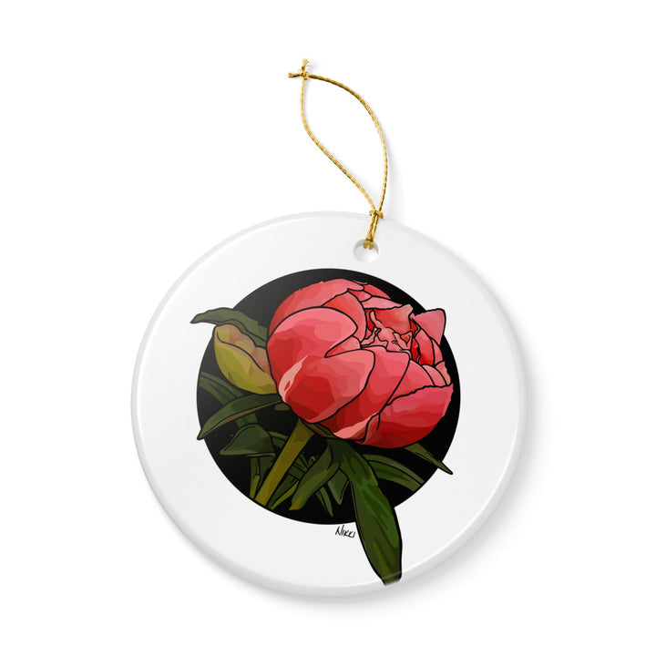 Peony Bud Ceramic Ornament — Two-Sided Floral Holiday Decoration