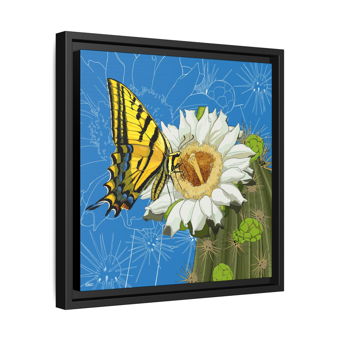 Arizona State Flower + Insect: Saguaro Cactus Blossom + Two-tailed Swallowtail Butterfly — Framed Canvas Print Wall Art
