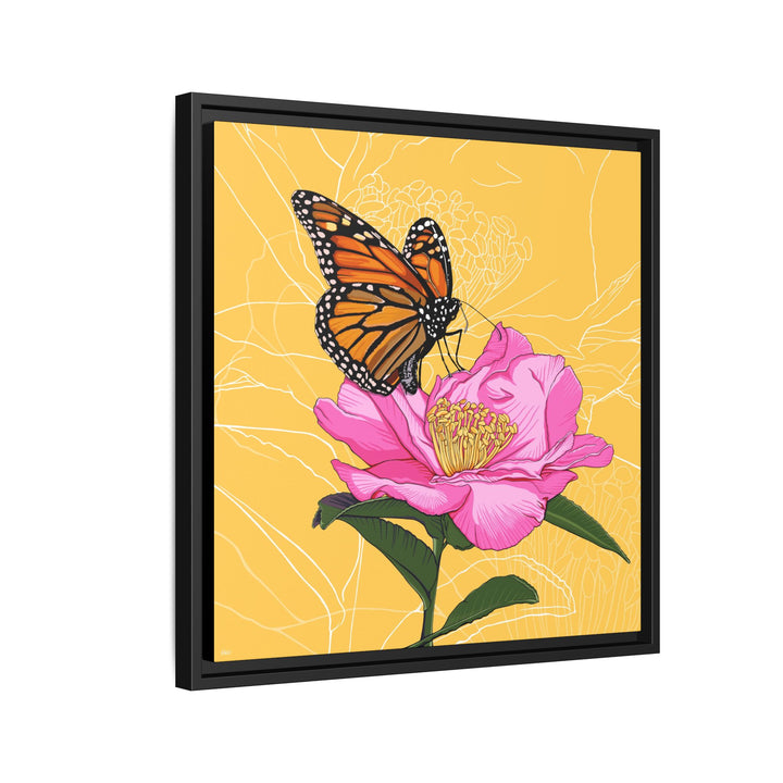 Alabama State Flower + Insect: Monarch Butterfly on Pink Camellia — Framed Canvas Print Wall Art