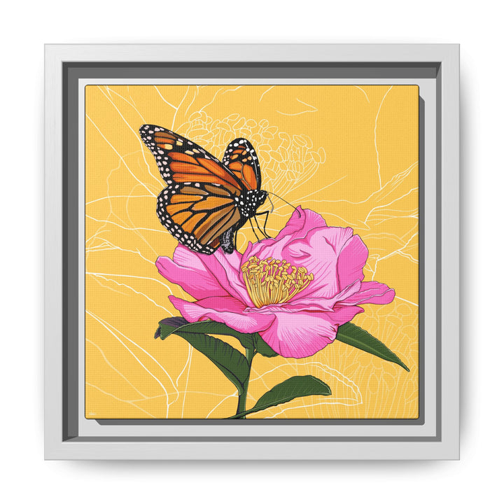 Alabama State Flower + Insect: Monarch Butterfly on Pink Camellia — Framed Canvas Print Wall Art