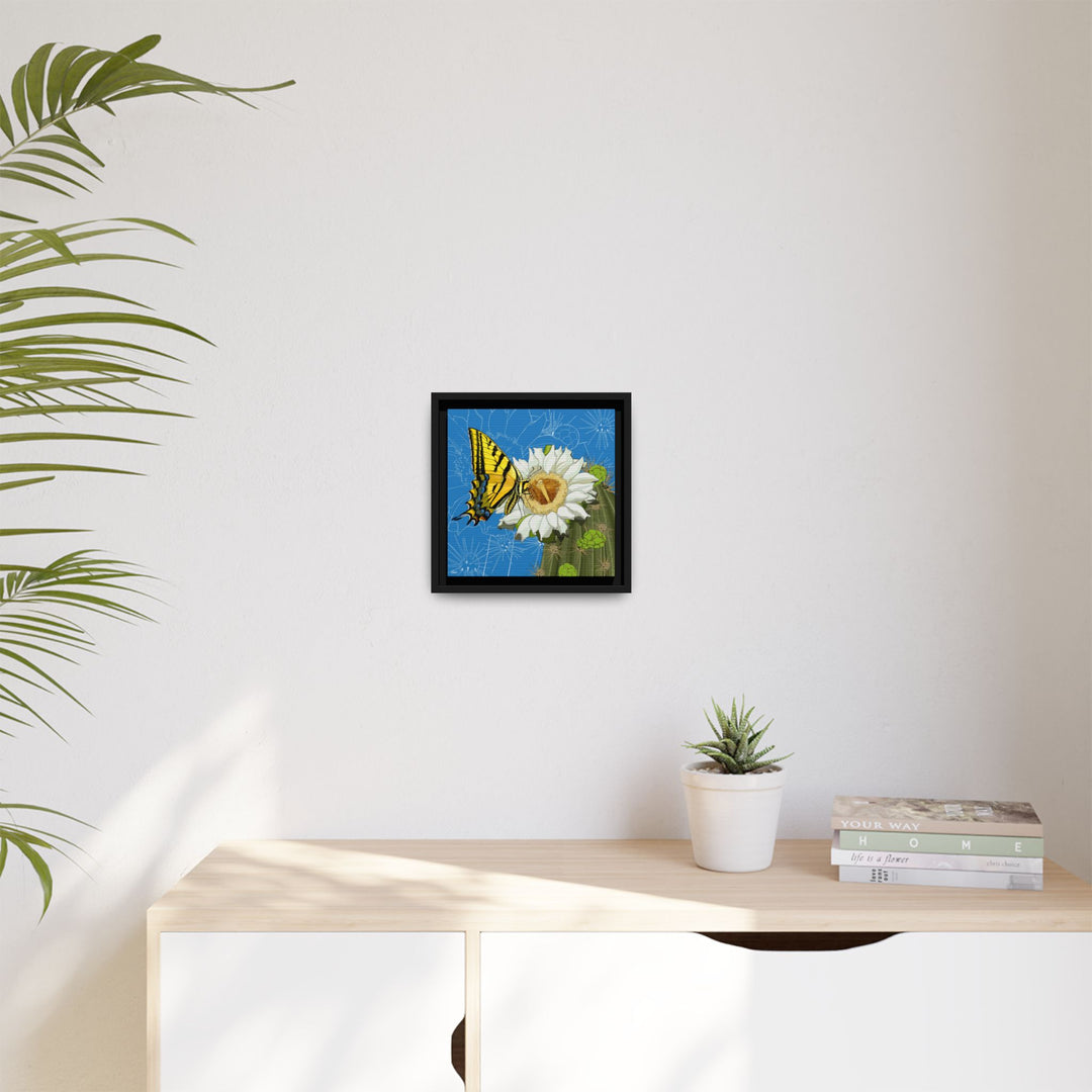 Arizona State Flower + Insect: Saguaro Cactus Blossom + Two-tailed Swallowtail Butterfly — Framed Canvas Print Wall Art