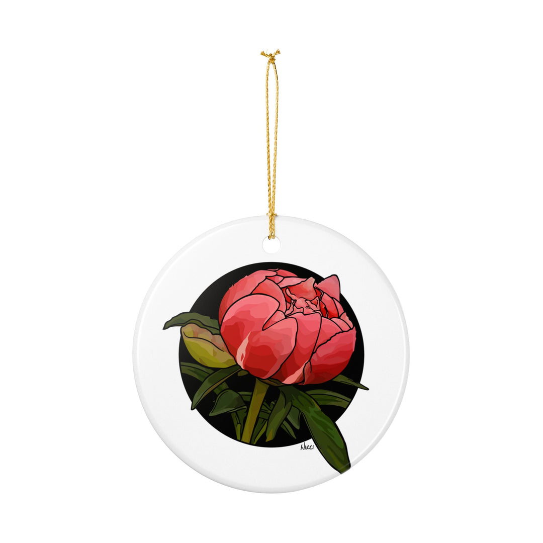 Peony Bud Ceramic Ornament — Two-Sided Floral Holiday Decoration