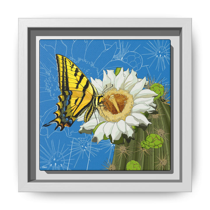 Arizona State Flower + Insect: Saguaro Cactus Blossom + Two-tailed Swallowtail Butterfly — Framed Canvas Print Wall Art
