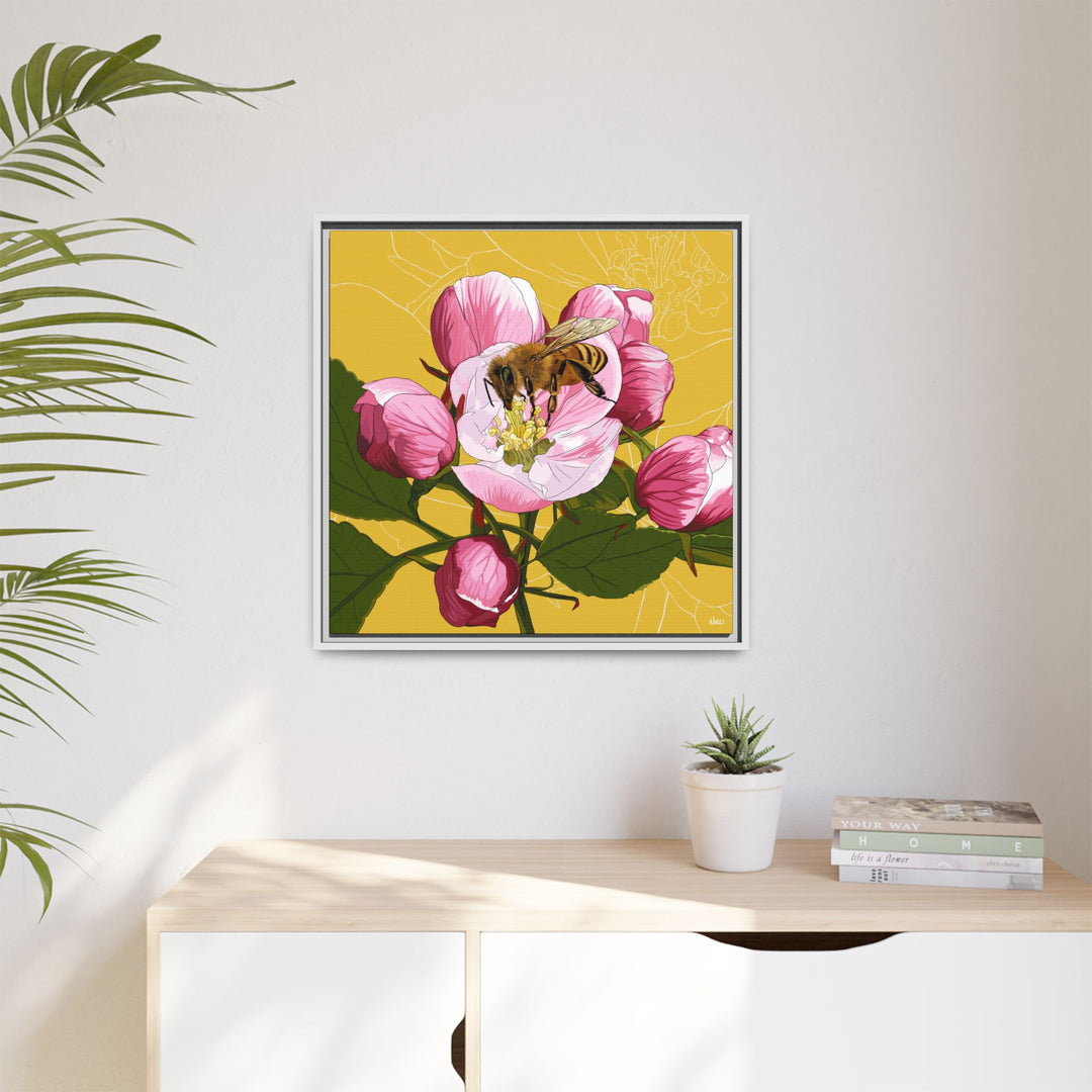 Apple Blossom & Honeybee Framed Canvas — Arkansas State Flower Wall Art