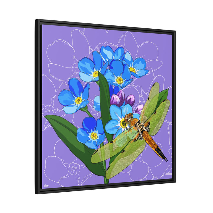 Alaska State Flower + Insect: Forget Me Not + Four-spot Skimmer Dragonfly — Framed Canvas Print Wall Art