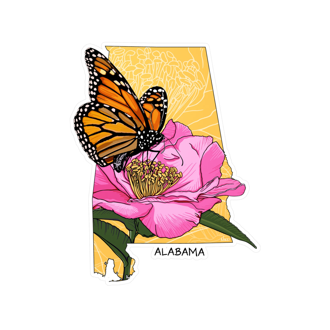 Alabama State Flowers + Insects Sticker — Monarch Butterfly + Camellia  — Kiss-Cut Vinyl Decal
