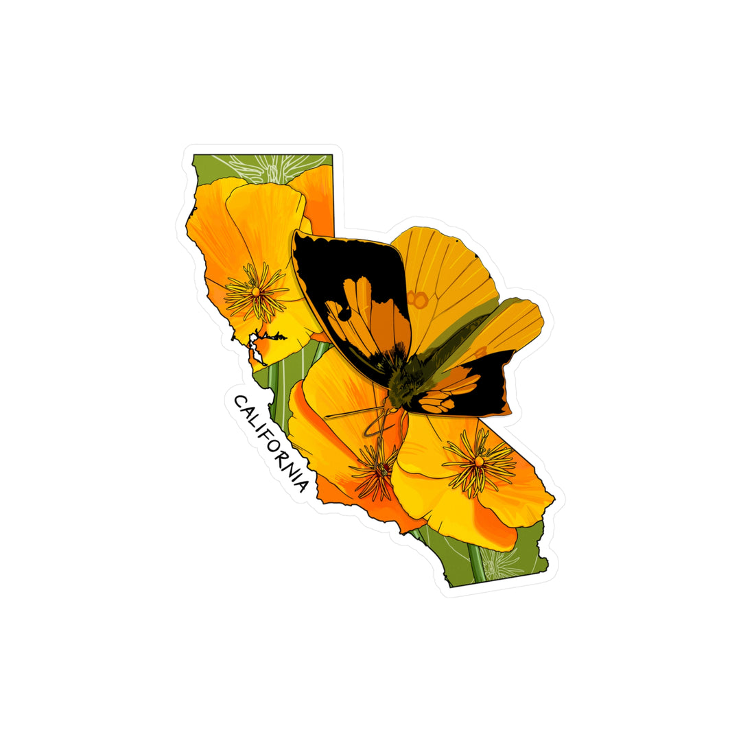 California State Flower + Insect Sticker — California Poppy  + California Dogface Butterfly — Kiss-Cut Vinyl Decal