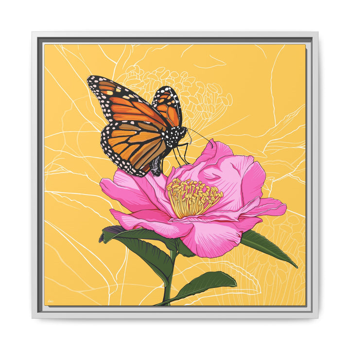 Alabama State Flower + Insect: Monarch Butterfly on Pink Camellia — Framed Canvas Print Wall Art
