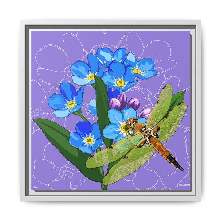 Alaska State Flower + Insect: Forget Me Not + Four-spot Skimmer Dragonfly — Framed Canvas Print Wall Art