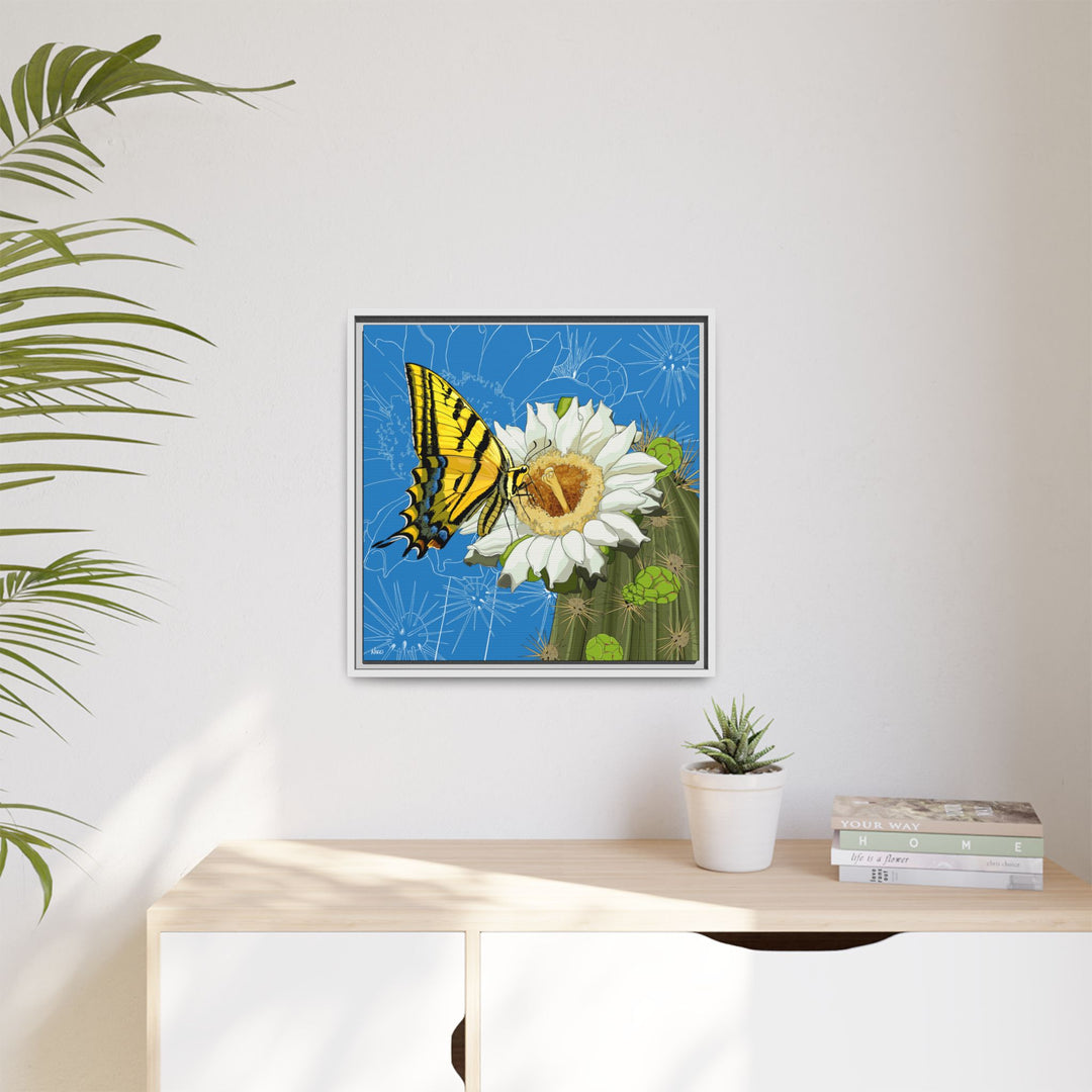 Arizona State Flower + Insect: Saguaro Cactus Blossom + Two-tailed Swallowtail Butterfly — Framed Canvas Print Wall Art