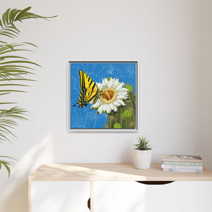 Arizona State Flower + Insect: Saguaro Cactus Blossom + Two-tailed Swallowtail Butterfly — Framed Canvas Print Wall Art