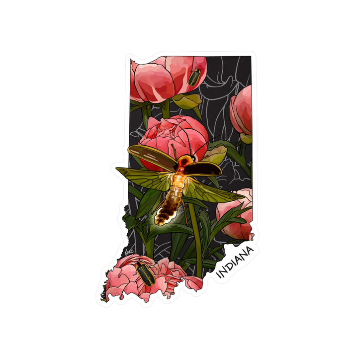 Indiana State Flower + Insect Sticker — Peonies + Fireflies — Kiss-Cut State Decal