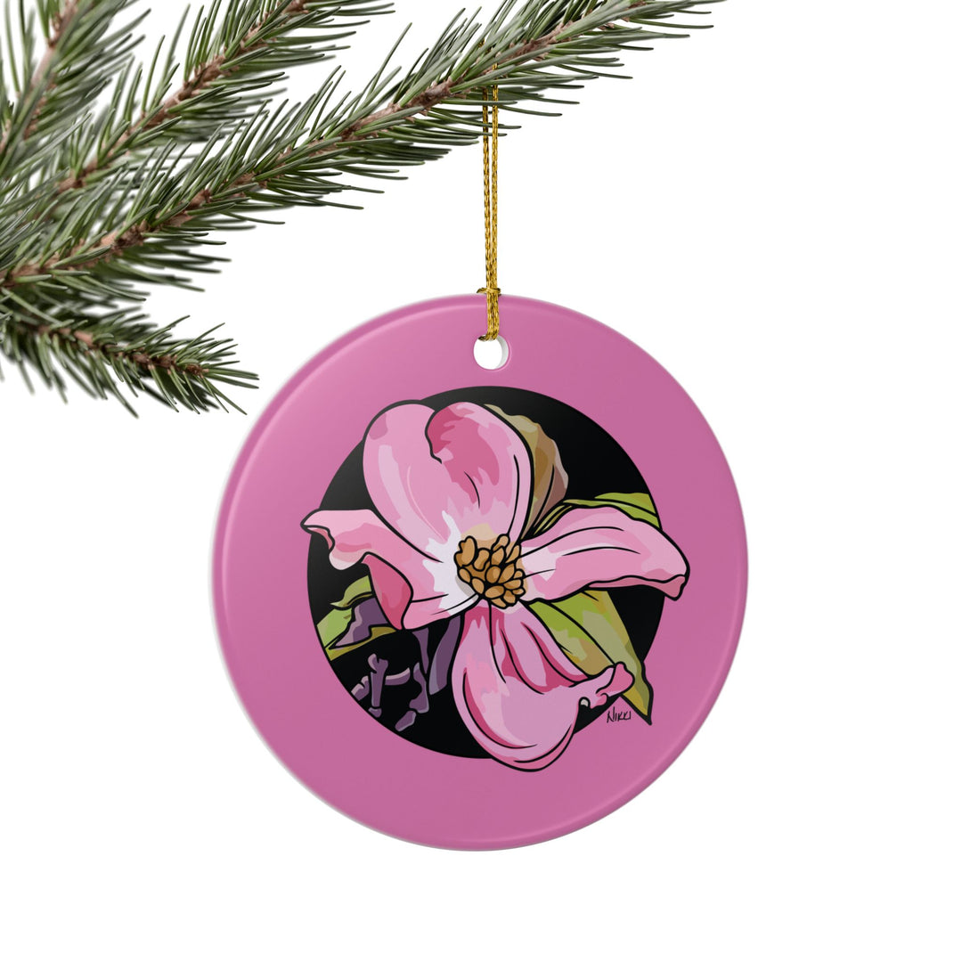 Pink Dogwood Ceramic Ornament — Double-Sided Floral Holiday Decor