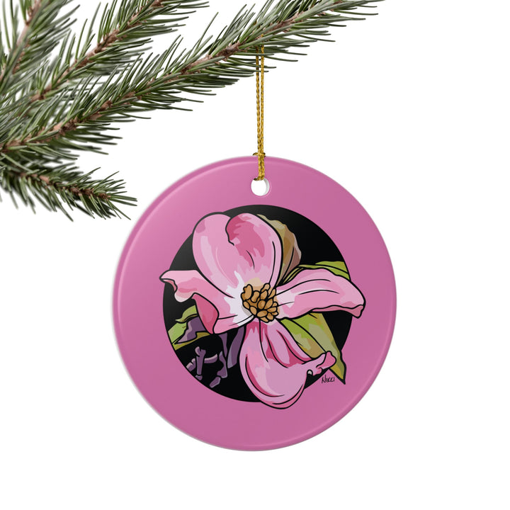 Pink Dogwood Ceramic Ornament — Double-Sided Floral Holiday Decor