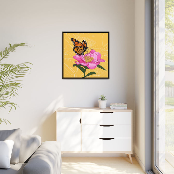 Alabama State Flower + Insect: Monarch Butterfly on Pink Camellia — Framed Canvas Print Wall Art
