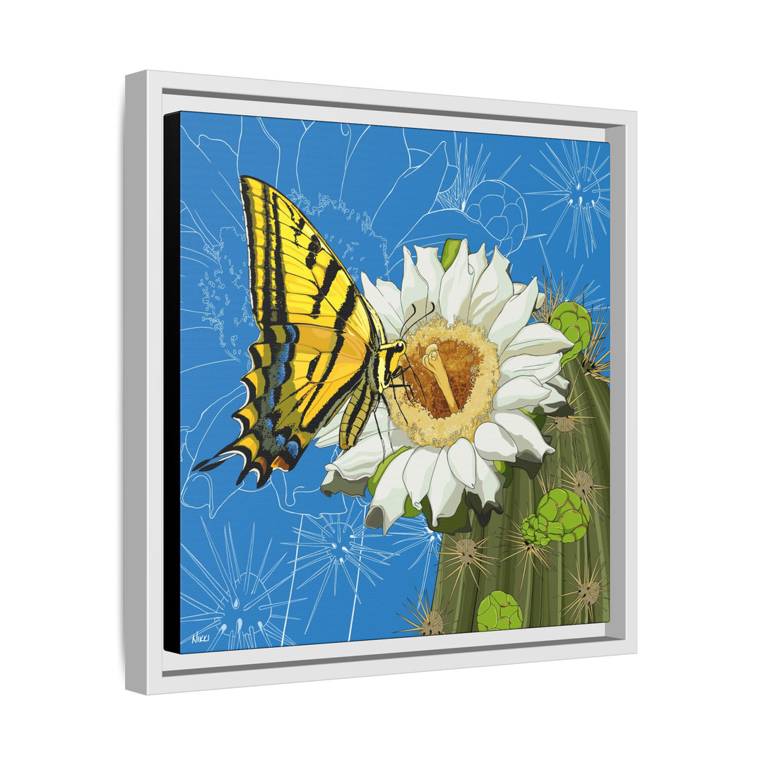 Arizona State Flower + Insect: Saguaro Cactus Blossom + Two-tailed Swallowtail Butterfly — Framed Canvas Print Wall Art