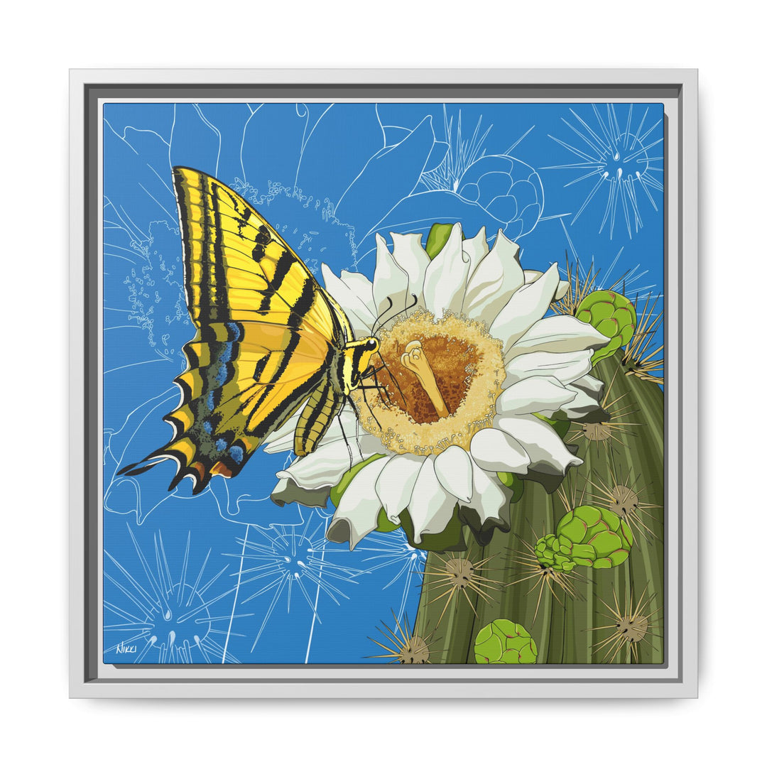 Arizona State Flower + Insect: Saguaro Cactus Blossom + Two-tailed Swallowtail Butterfly — Framed Canvas Print Wall Art