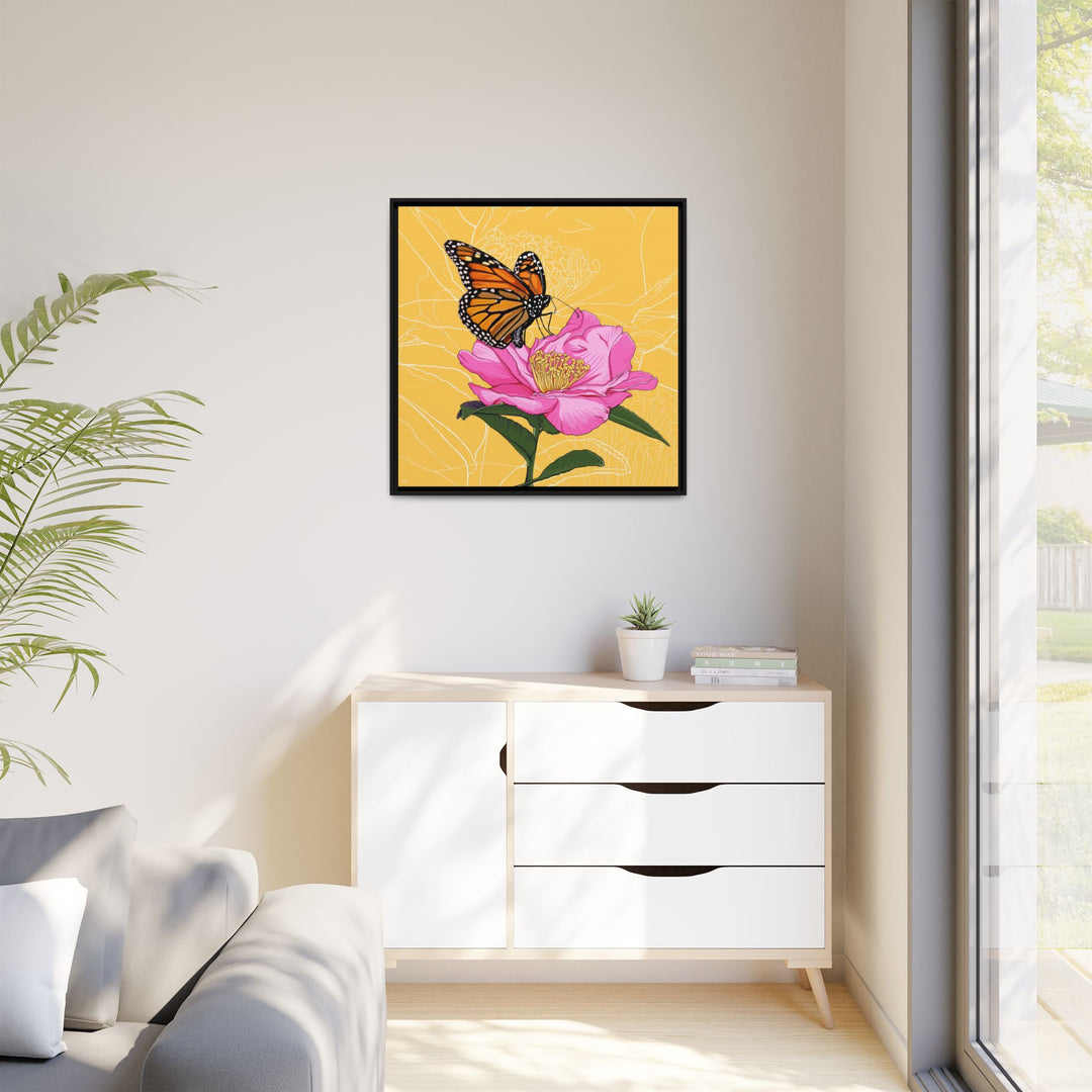 Alabama State Flower + Insect: Monarch Butterfly on Pink Camellia — Framed Canvas Print Wall Art