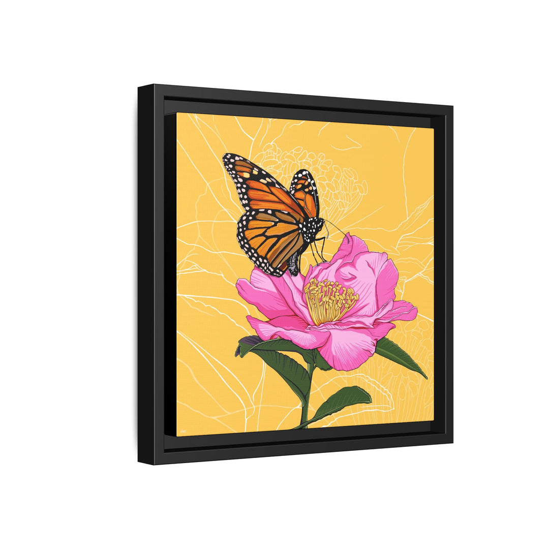 Alabama State Flower + Insect: Monarch Butterfly on Pink Camellia — Framed Canvas Print Wall Art
