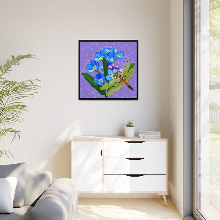 Alaska State Flower + Insect: Forget Me Not + Four-spot Skimmer Dragonfly — Framed Canvas Print Wall Art