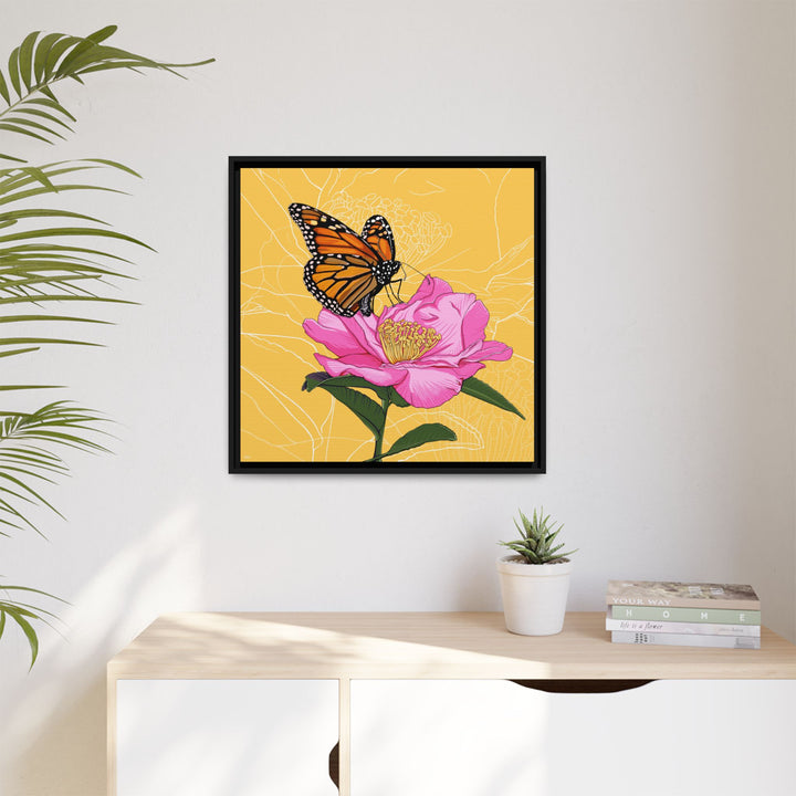 Alabama State Flower + Insect: Monarch Butterfly on Pink Camellia — Framed Canvas Print Wall Art