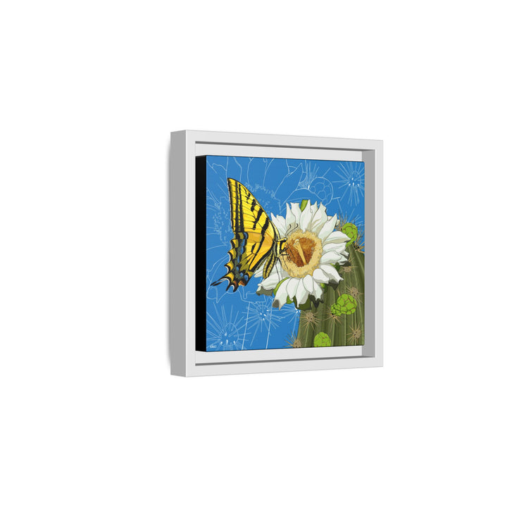 Arizona State Flower + Insect: Saguaro Cactus Blossom + Two-tailed Swallowtail Butterfly — Framed Canvas Print Wall Art
