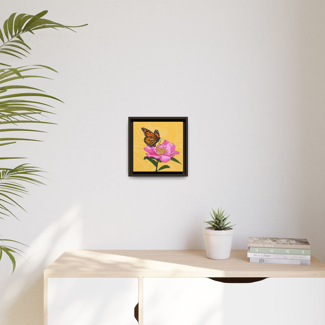 Alabama State Flower + Insect: Monarch Butterfly on Pink Camellia — Framed Canvas Print Wall Art