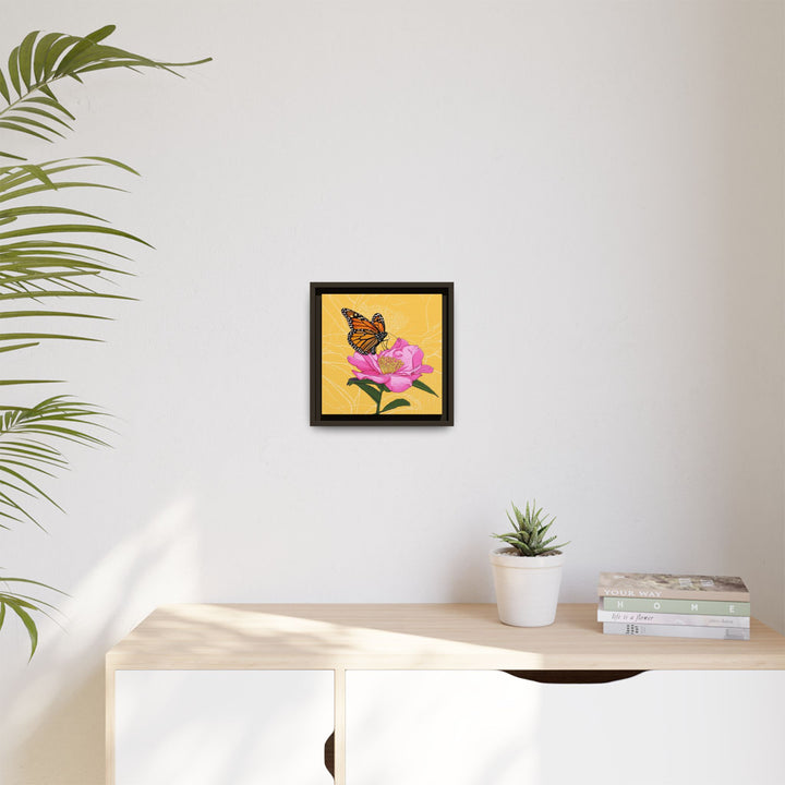 Alabama State Flower + Insect: Monarch Butterfly on Pink Camellia — Framed Canvas Print Wall Art