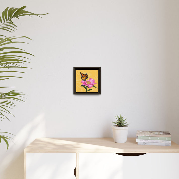 Alabama State Flower + Insect: Monarch Butterfly on Pink Camellia — Framed Canvas Print Wall Art