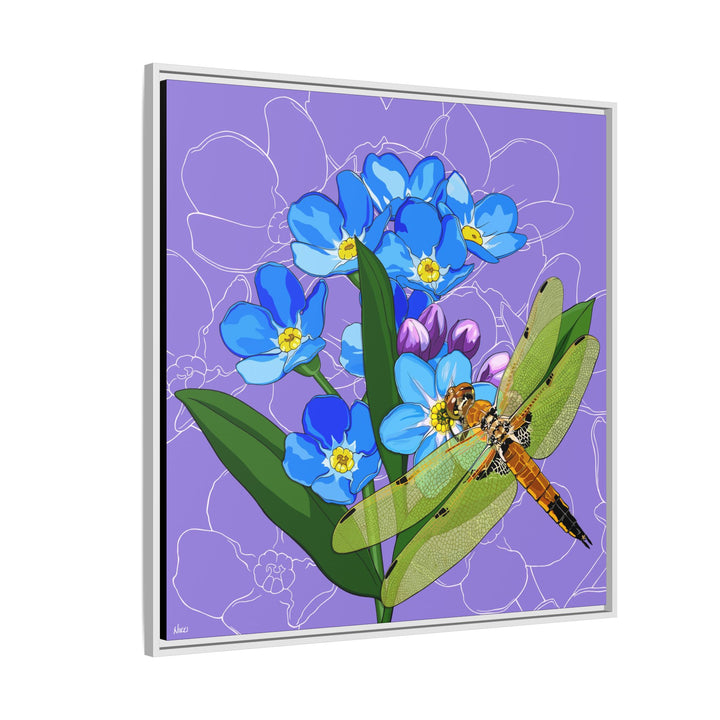 Alaska State Flower + Insect: Forget Me Not + Four-spot Skimmer Dragonfly — Framed Canvas Print Wall Art