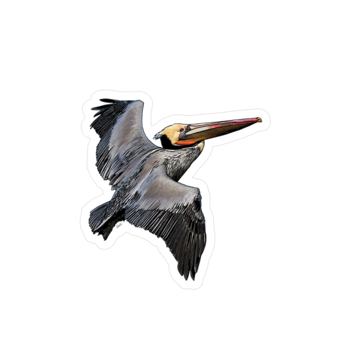 Brown Pelican Kiss-Cut Vinyl Sticker — Realistic Flying Pelican Decal