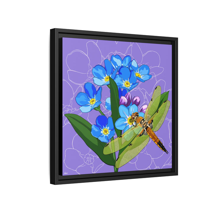 Alaska State Flower + Insect: Forget Me Not + Four-spot Skimmer Dragonfly — Framed Canvas Print Wall Art