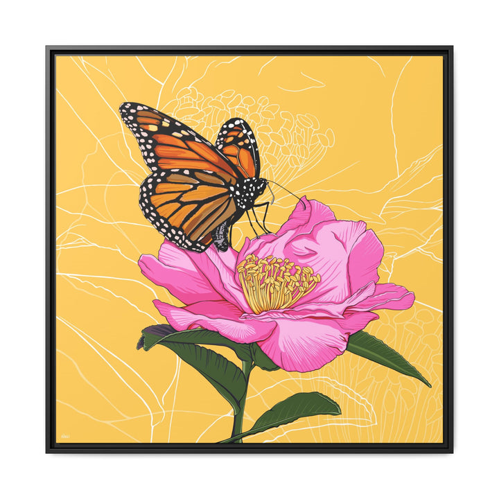 Alabama State Flower + Insect: Monarch Butterfly on Pink Camellia — Framed Canvas Print Wall Art