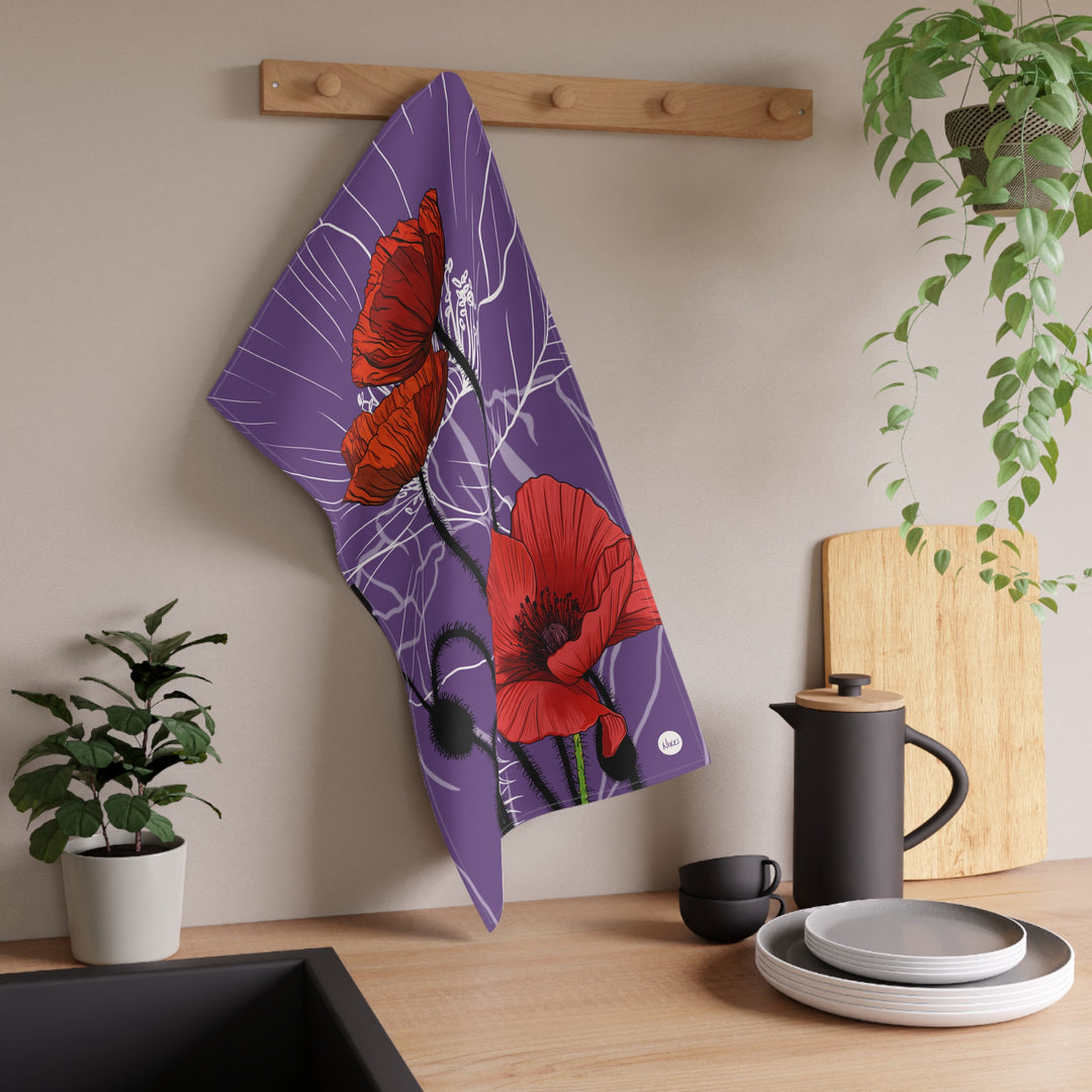 Red Poppy Floral Cotton Tea Towel — August Birth Month Flower Kitchen Towel