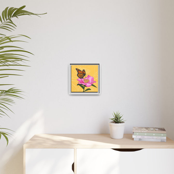 Alabama State Flower + Insect: Monarch Butterfly on Pink Camellia — Framed Canvas Print Wall Art