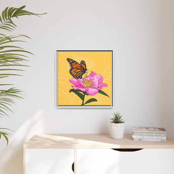Alabama State Flower + Insect: Monarch Butterfly on Pink Camellia — Framed Canvas Print Wall Art