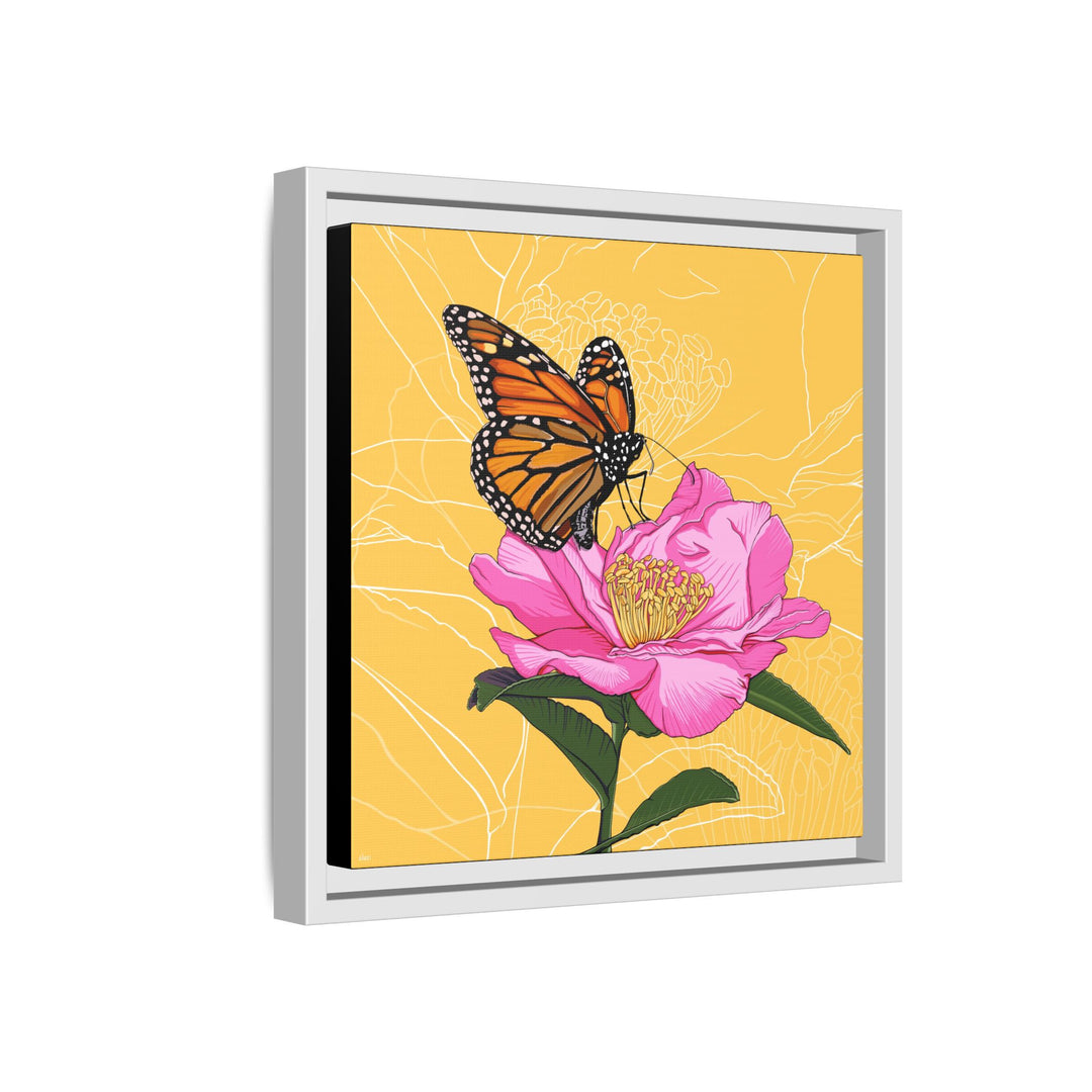Alabama State Flower + Insect: Monarch Butterfly on Pink Camellia — Framed Canvas Print Wall Art