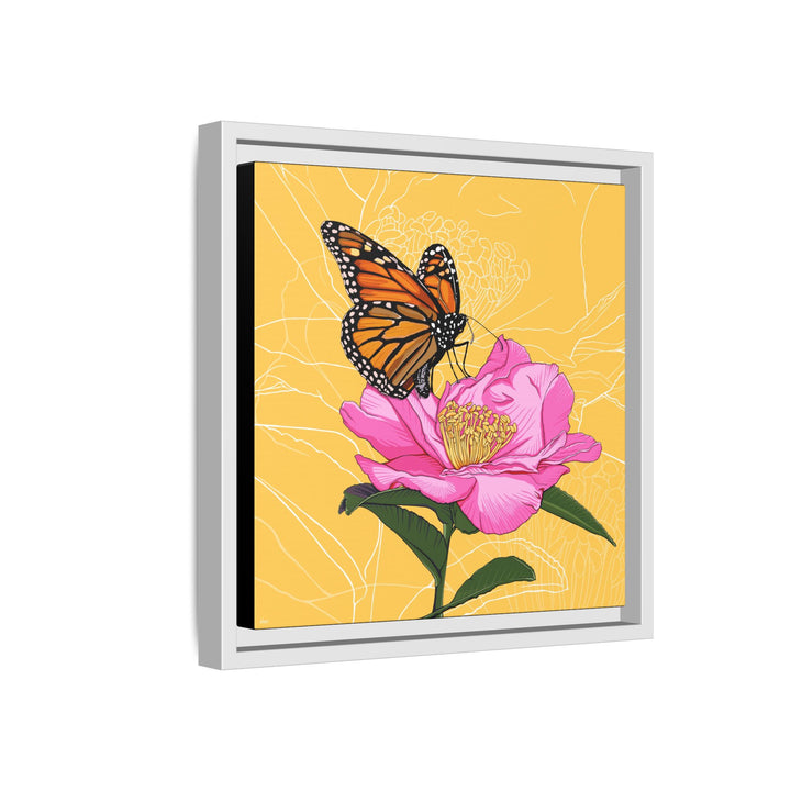 Alabama State Flower + Insect: Monarch Butterfly on Pink Camellia — Framed Canvas Print Wall Art