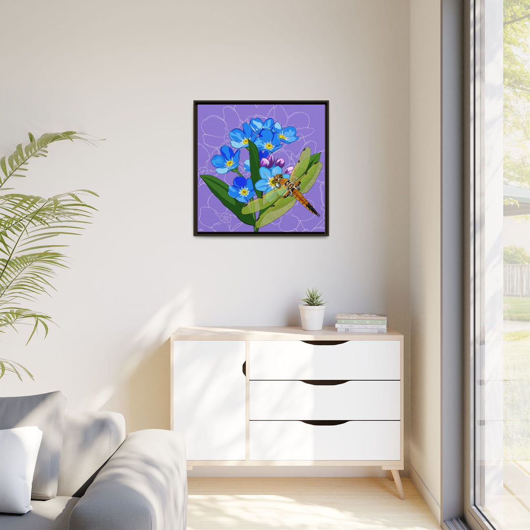 Alaska State Flower + Insect: Forget Me Not + Four-spot Skimmer Dragonfly — Framed Canvas Print Wall Art