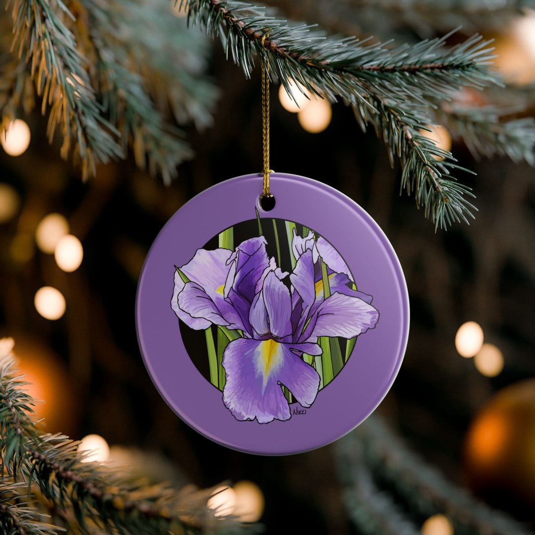 Purple Iris Ceramic Ornament — Double-Sided Floral Holiday Decoration