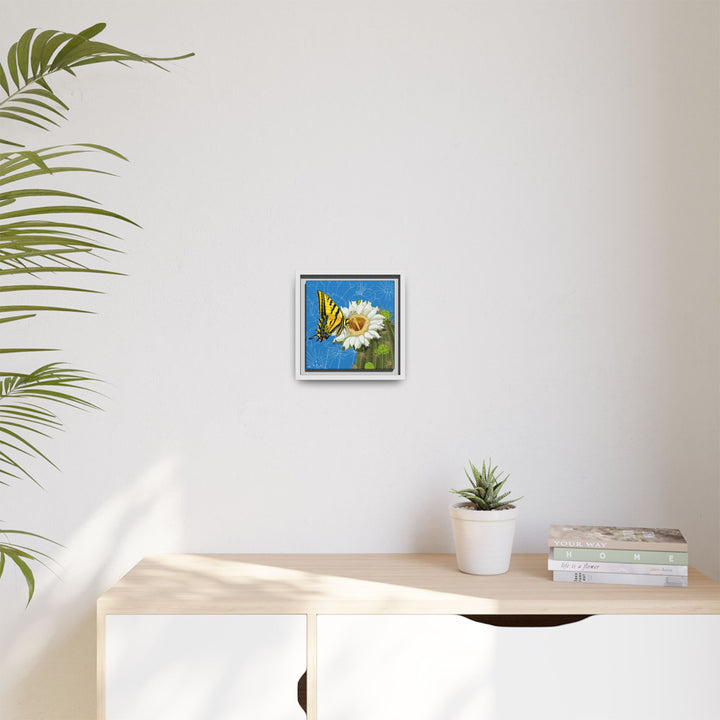 Arizona State Flower + Insect: Saguaro Cactus Blossom + Two-tailed Swallowtail Butterfly — Framed Canvas Print Wall Art